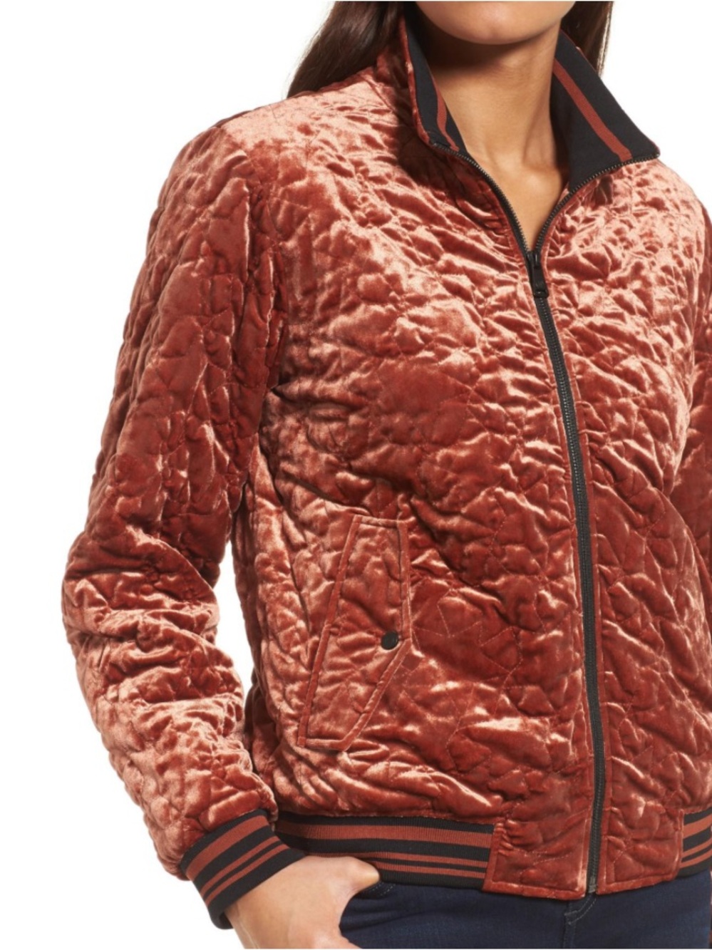 ☀️ NWOT BERNARDO Quilted Star Lux Velvet Bomber Jacket in Mahogany Rust
